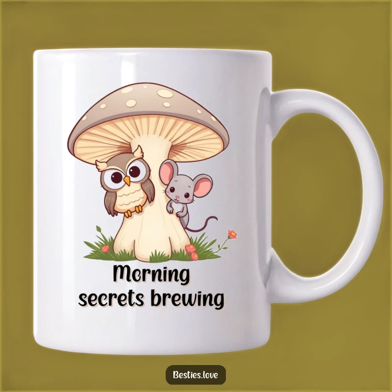 Funny Owl & Mouse Friends Mug - Besties Peeking Behind Mushroom Gift