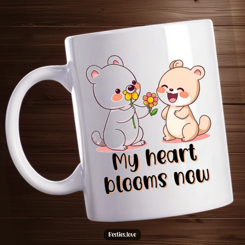 Funny mug with a cute animal offering a vibrant flower to a laughing companion, symbolizing kindness and friendship.