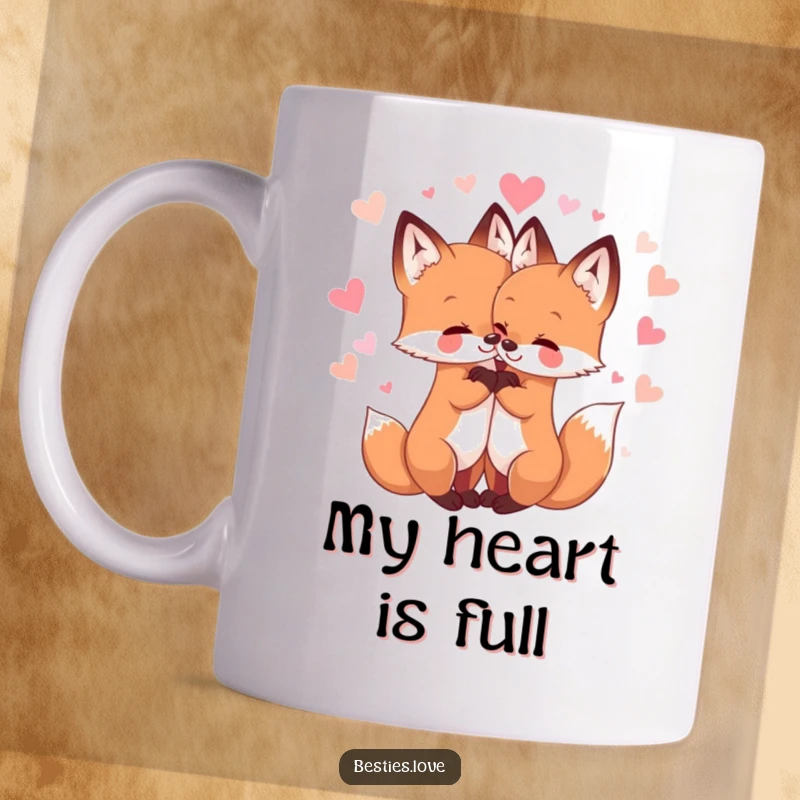 Funny mug featuring two cute fox friends hugging tightly, surrounded by sparkly hearts, symbolizing deep friendship and sweet affection.