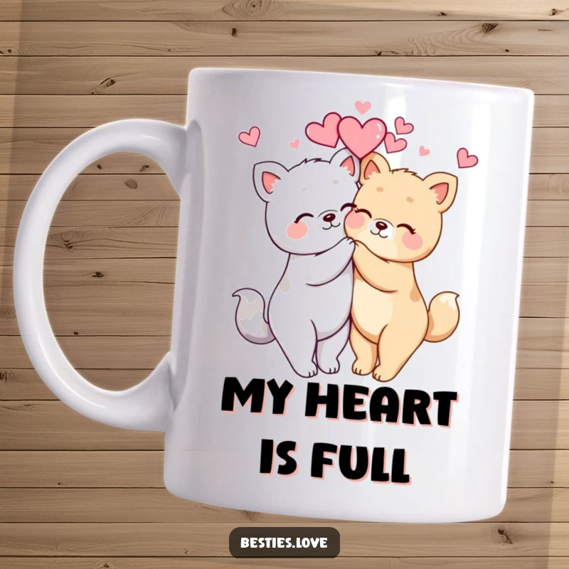 Funny kawaii animals hugging tightly with hearts floating, a symbol of pure love and friendship, printed on a cute mug.