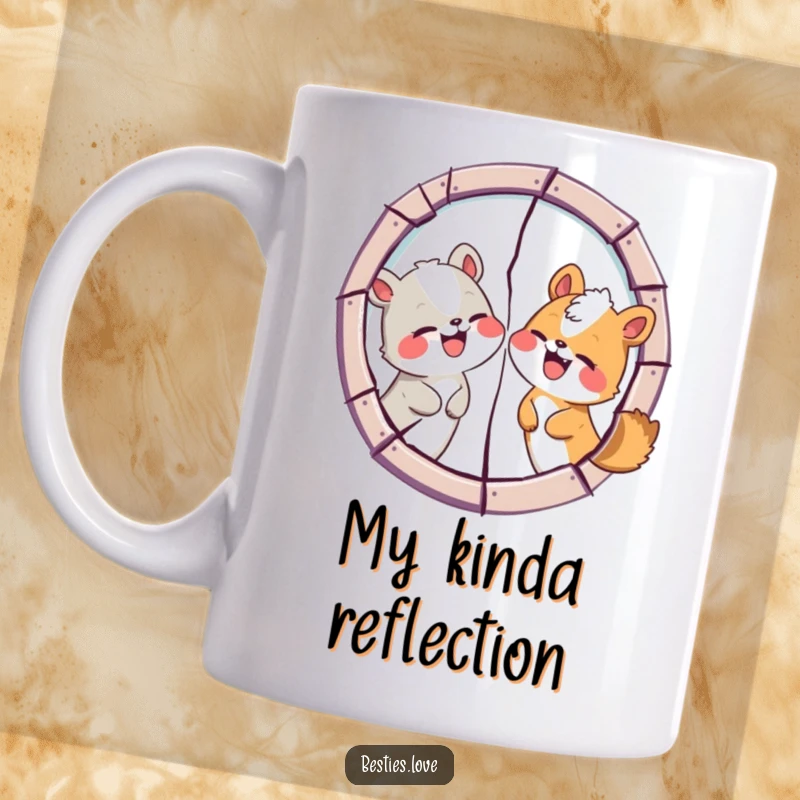 Funny Animal Friends Mug: Two animals making silly faces in a cracked mirror, capturing a moment of shared laughter and mischief.