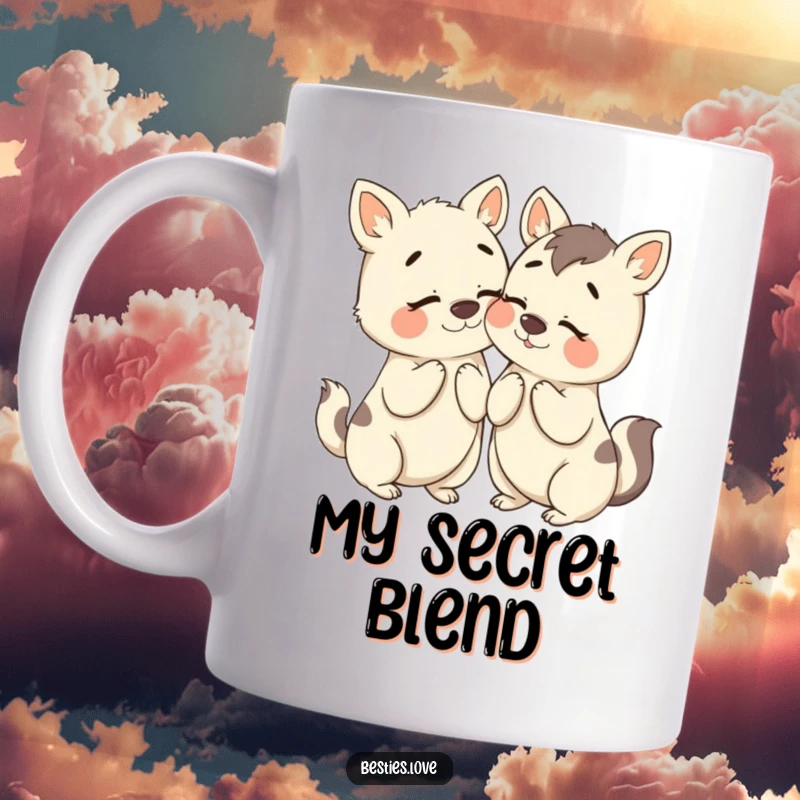 Funny Bestie Animals Mug: Two adorable animals whispering secrets with exaggerated expressions, embodying playful conspiracy and friendship.