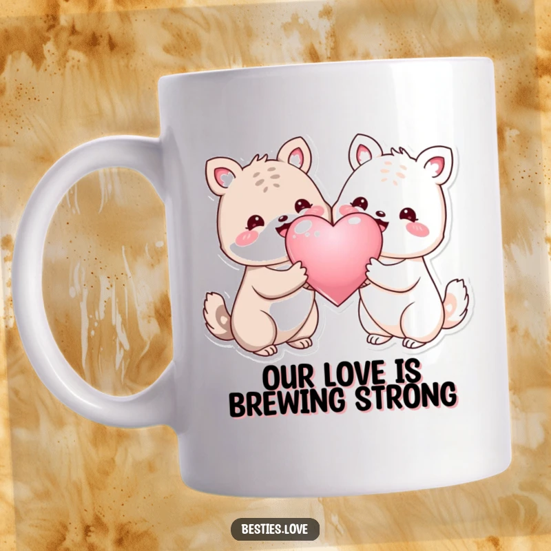 Funny mug showing two smiling animals presenting a large, shiny heart, symbolizing love and friendship, perfect for couples.