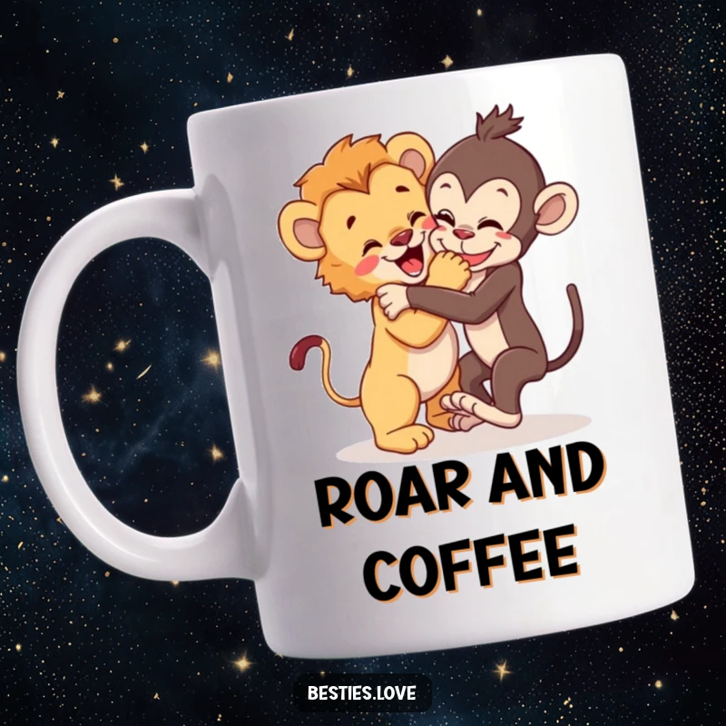 Funny Mug: A lion cub and a playful monkey joyfully wrestle, tumbling and laughing, showcasing wild friendship and humor.