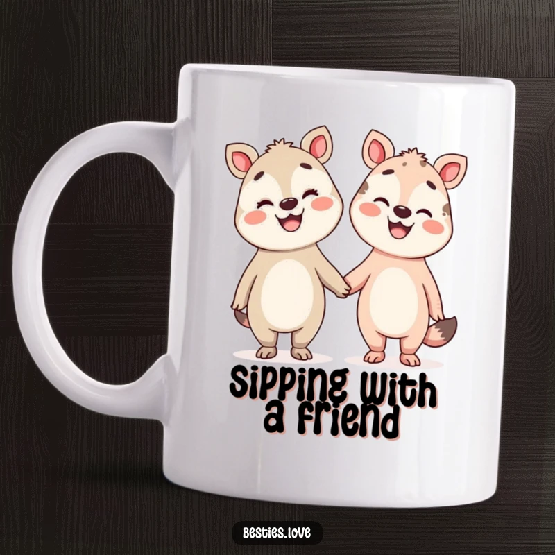 Funny Pals Mug showing two silly animals holding hands, their faces beaming with broad smiles, celebrating friendship and joy.