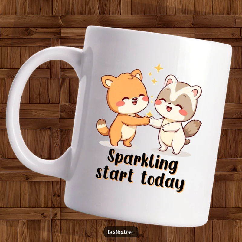 Funny animal characters mug showing two smiling creatures performing an elaborate and silly handshake with sparkling, celebratory effects.