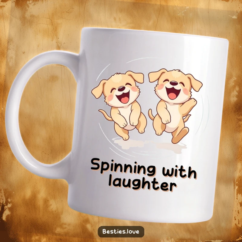 Funny mug featuring two laughing puppies chasing their tails in a dizzying circle, symbolizing playful chaos and canine happiness.