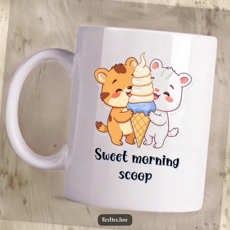 Funny animals happily sharing a massive ice cream cone, symbolizing friendship and delightful indulgence, on a mug.