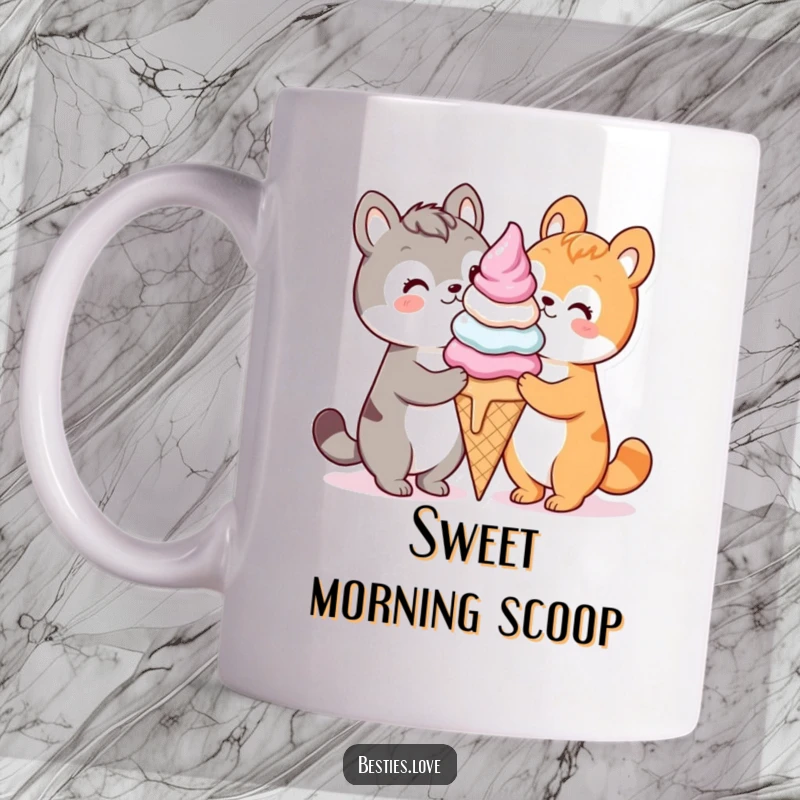 Funny kawaii animals sharing a giant ice cream cone, depicting sweet friendship and joy on a mug, perfect gift.