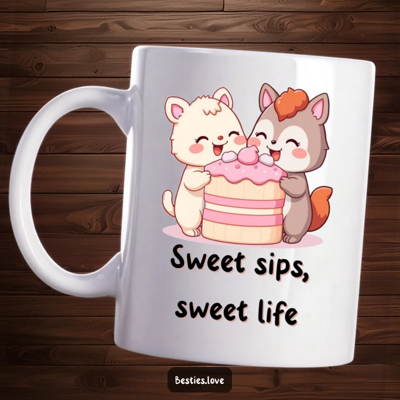 Funny Mug featuring two animals happily sharing a giant piece of cake, both sporting pleased smiles, embodying pure joy and shared indulgence.