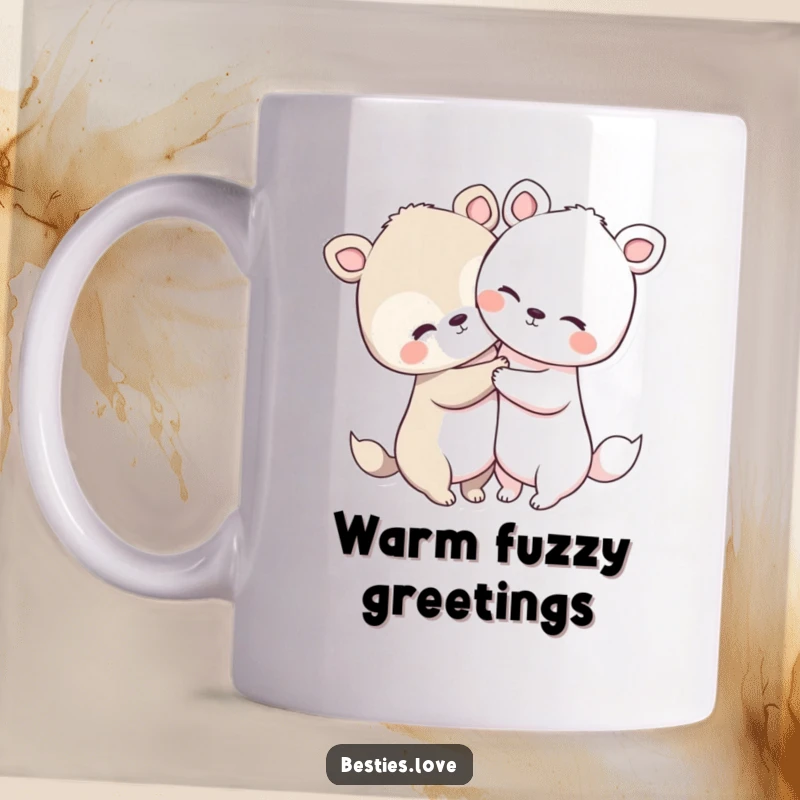 Funny animal hug mug featuring two very cute creatures with large heads and short limbs embracing each other warmly, radiating love.