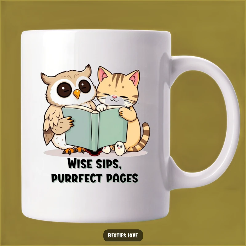 Funny Owl & Cat Mug: Bookworms Smile Over Large Book Adventure