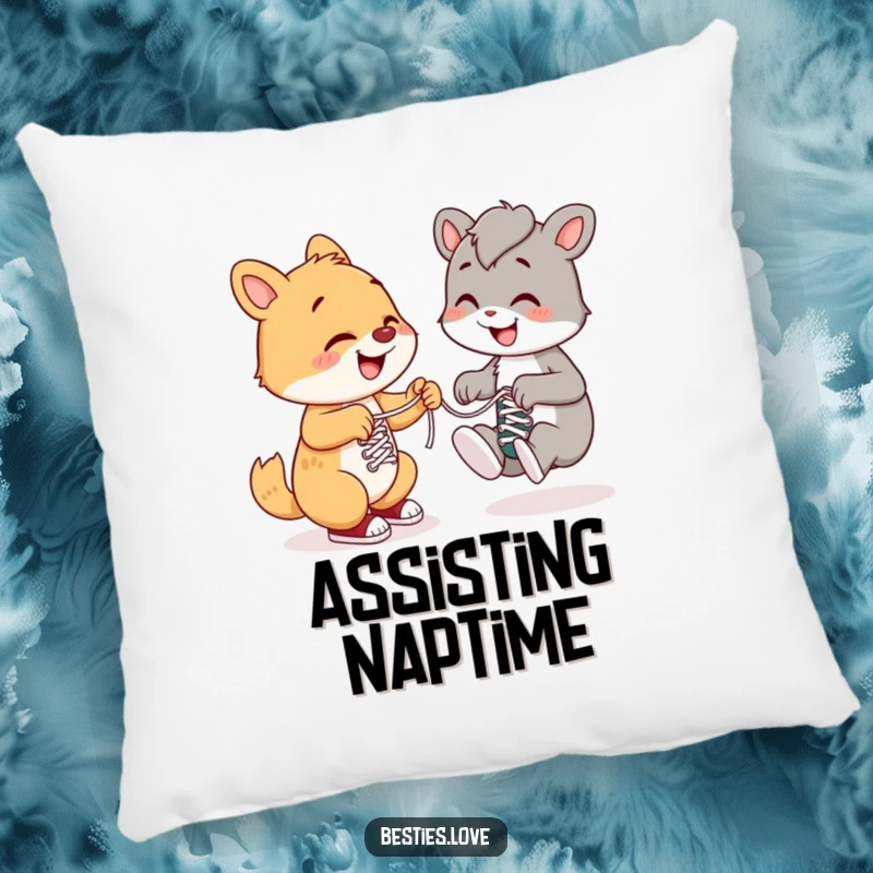 Funny pillow showcasing a happy animal assisting another with shoelaces, offering plush comfort and a humorous message of kindness.