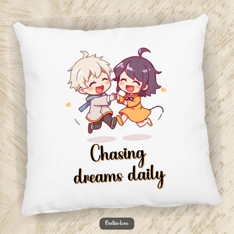 Funny Pillow featuring two characters engaged in a playful, circular chase, their giggles adding to the cozy and humorous appeal, perfect for relaxation.