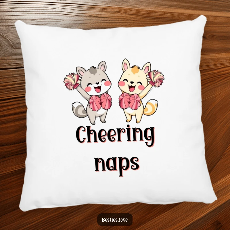 Funny Animal Friends Pillow: A plush cushion showcasing two animals energetically cheering with pom-poms and smiles, perfect for comfort.