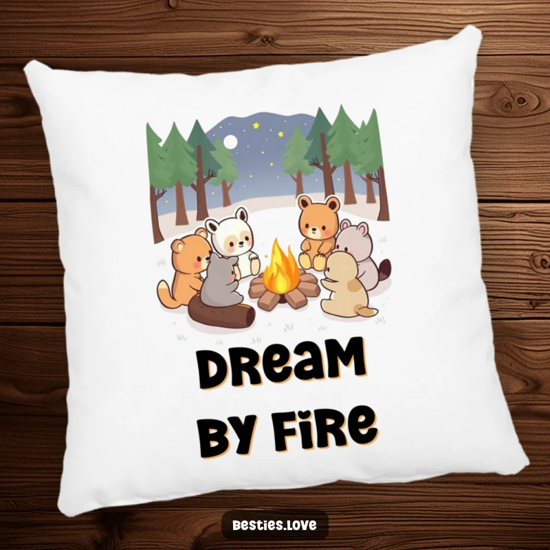 Funny kawaii animals sharing stories around a campfire, a soft and decorative pillow for comfort, cozy gift.