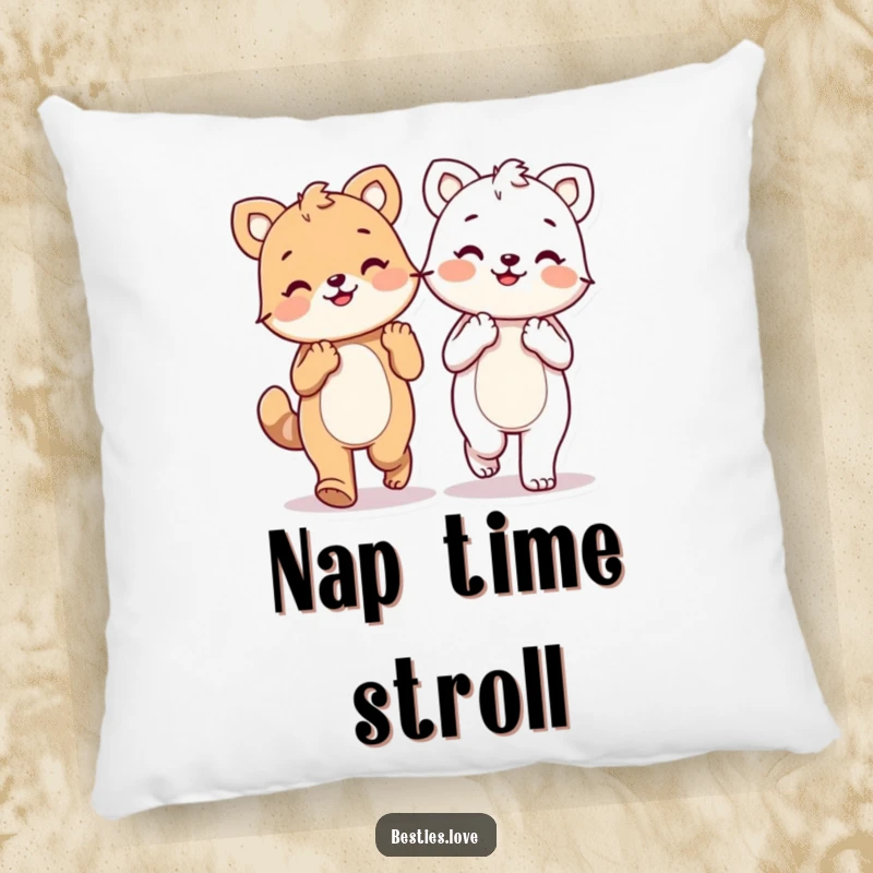 Funny kawaii animals holding paws and walking happily, a soft and decorative pillow for comfort, sweet gift.