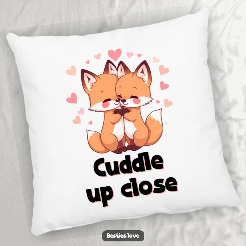 Funny pillow displaying two endearing fox friends hugging closely, surrounded by sparkling hearts, offering comfort and adorable animal art.