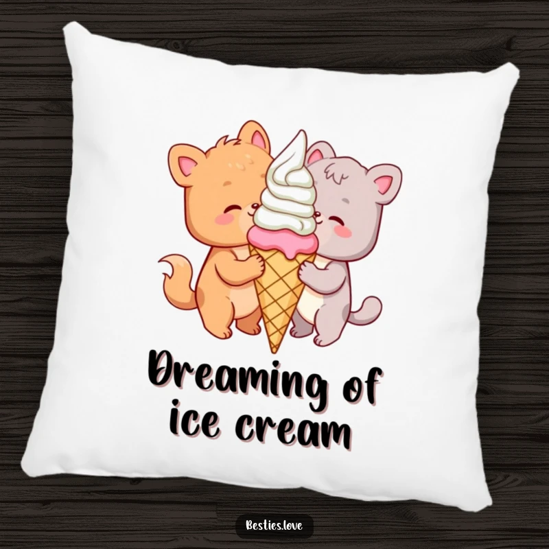 Funny animal pillow showcasing two delighted pals indulging in a massive ice cream cone, symbolizing sweet shared moments.