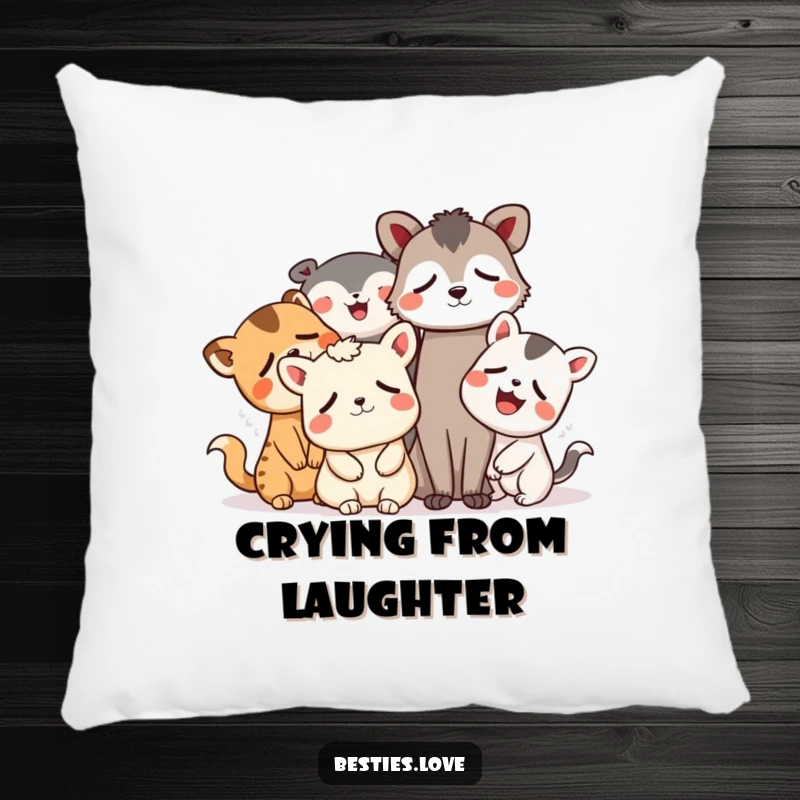 Funny animal pillow showcasing a group of whimsical friends in fits of laughter, eyes teary from pure, unadulterated joy.