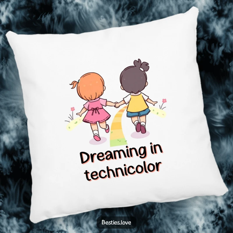 Funny Rainbow Friends Skipping Pillow showing two companions joyfully skipping hand-in-hand on a colorful magical rainbow.