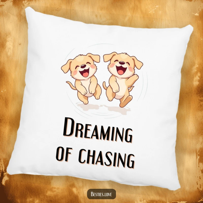 Funny pillow depicting two laughing puppies chasing their tails in a dizzying circle, adding playful puppy charm to any room.