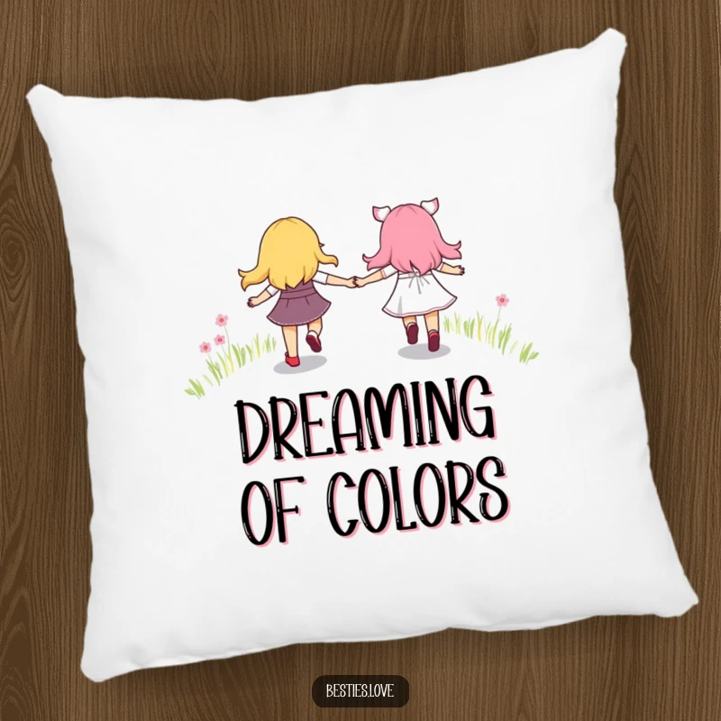 Funny decorative pillow depicting happy best friends holding hands and skipping along a vibrant rainbow path, evoking warmth and joy.