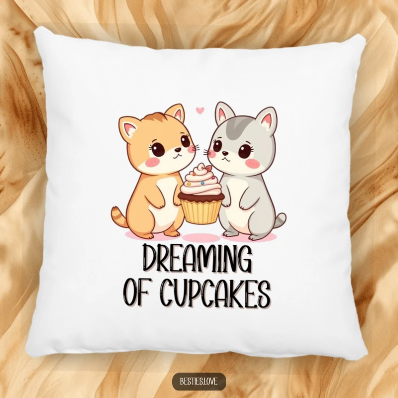 Funny pillow with two adorable animals expressing extreme surprise and wonder over a tiny, levitating cupcake, bringing smiles.