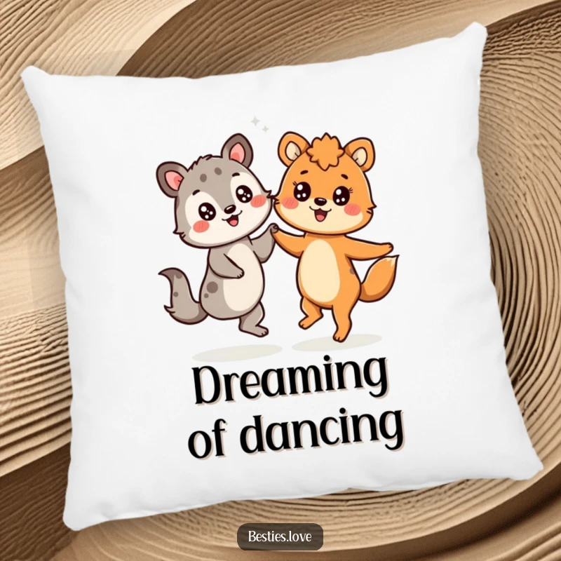 Funny throw pillow with two animals dancing joyfully, adorned with cheerful, starry-eyed expressions, offering cozy comfort.