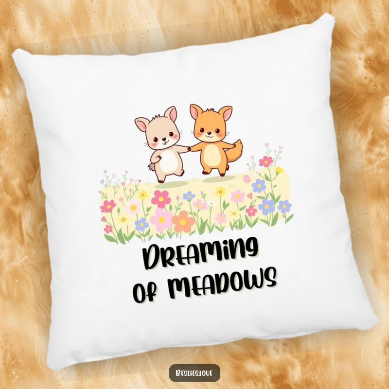 Funny animal friends pillow with two happy creatures holding hands and skipping joyfully through a field of colorful flowers.