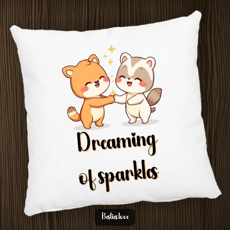 Funny animal pillow showcasing two smiling characters in a silly handshake, with sparkling effects adding to the joyful interaction.