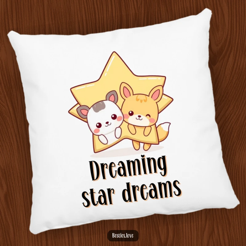 Funny Star Animals Pillow with cartoon animals peeking from behind a giant, winking star, soft, decorative, and humorous.