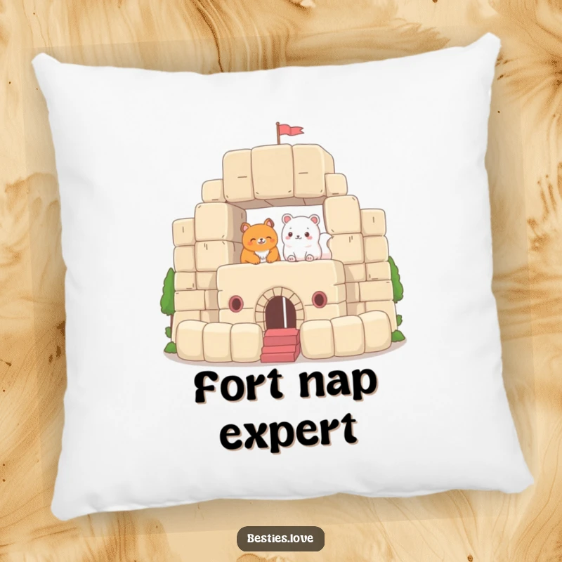 Funny Pillow featuring two animals building a grand fort from oversized plush blocks, creating a cozy and humorous atmosphere perfect for relaxation.
