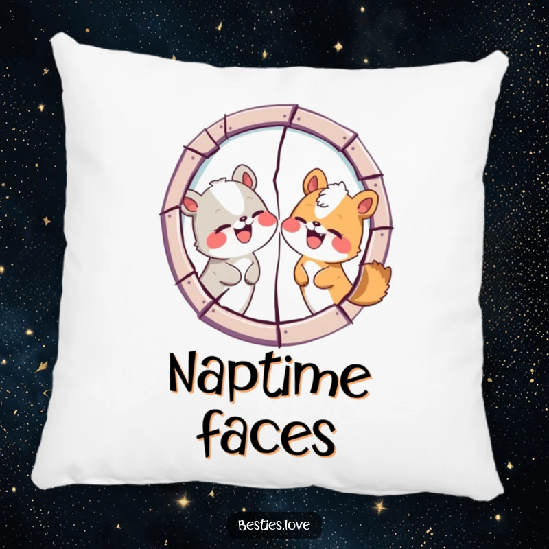 Funny Animal Friends Pillow: A plush cushion showcasing two animals humorously pulling silly faces in a cracked mirror, perfect for comfort.