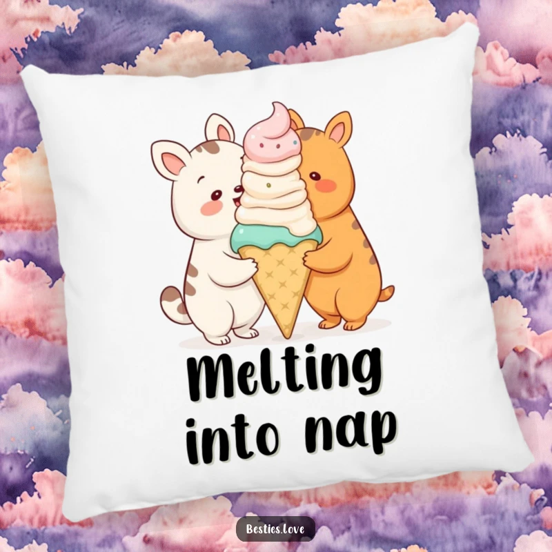 Funny pillow with two cartoon animals happily sharing a comically oversized ice cream cone, ideal for cozy relaxation.