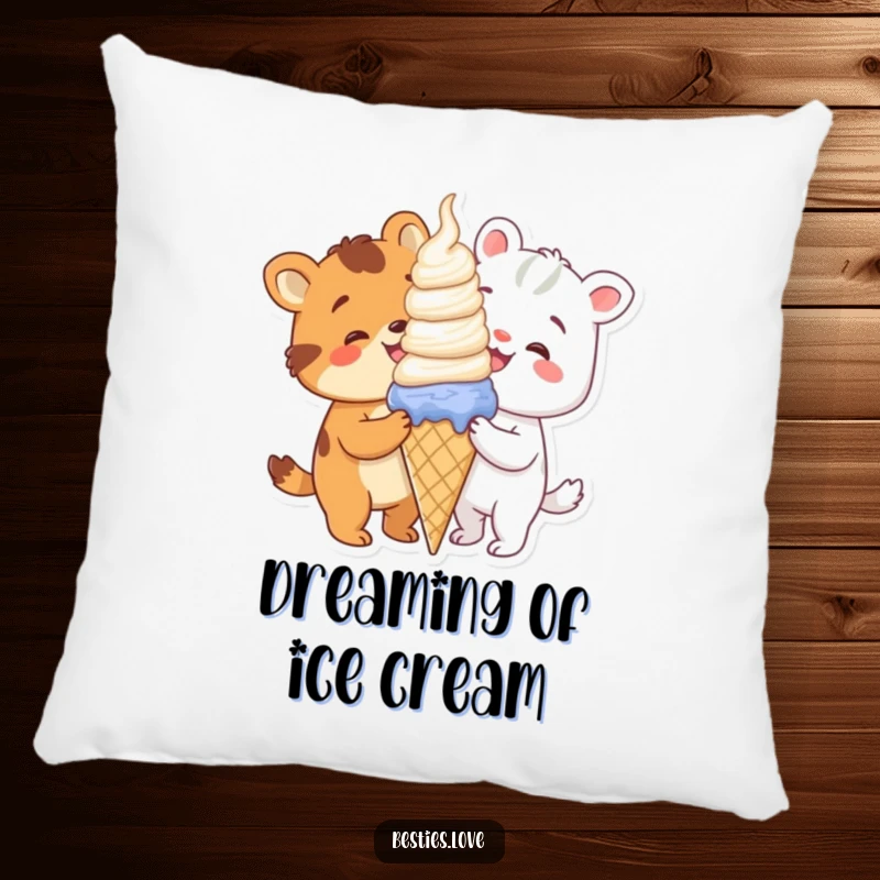 Funny animals sharing a giant ice cream cone, a soft and decorative pillow for cozy moments.