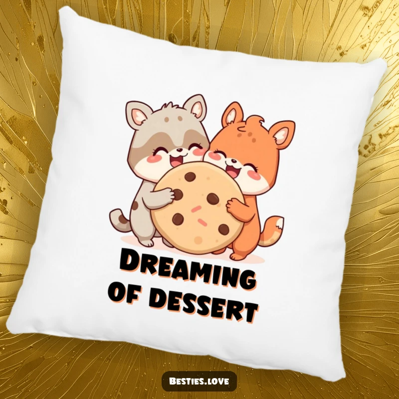 Funny pillow showcasing two adorable animal friends happily sharing a large cookie, offering comfort and a dose of humor for your couch.