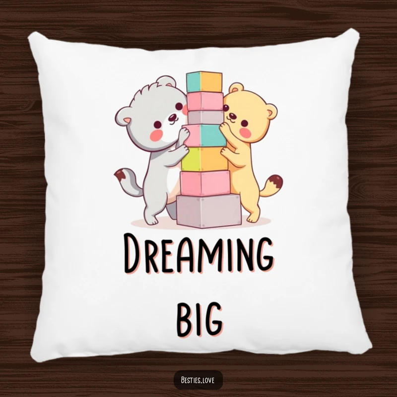 Funny Bestie Animals Pillow: A plush cushion showcasing two animals humorously building a shaky tower of blocks, perfect for comfort.