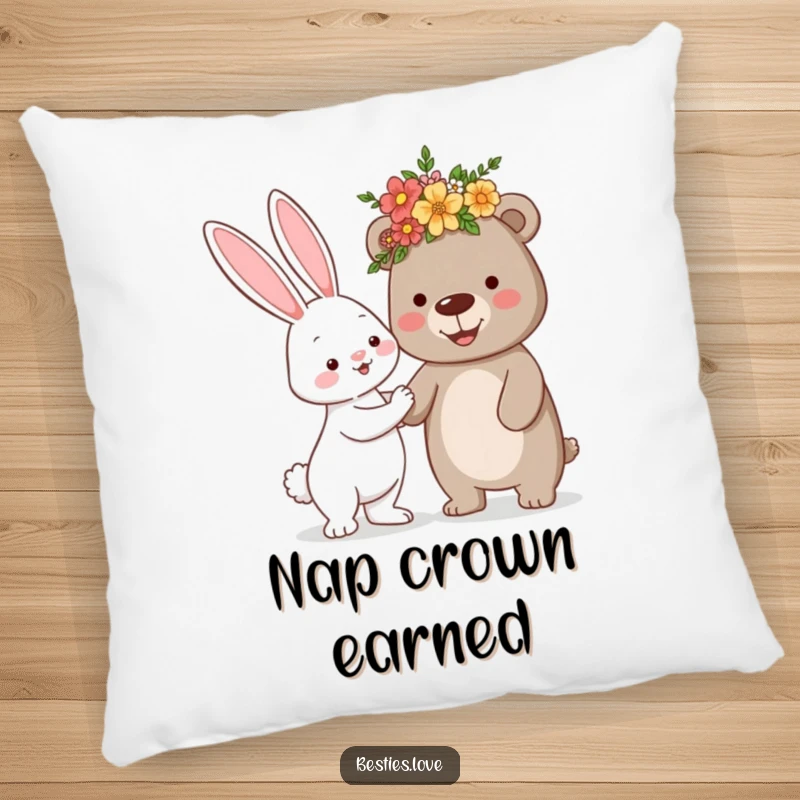 Funny pillow depicting a cheerful bunny giving a silly flower crown to a happy bear, adding cute animal charm and comfort.