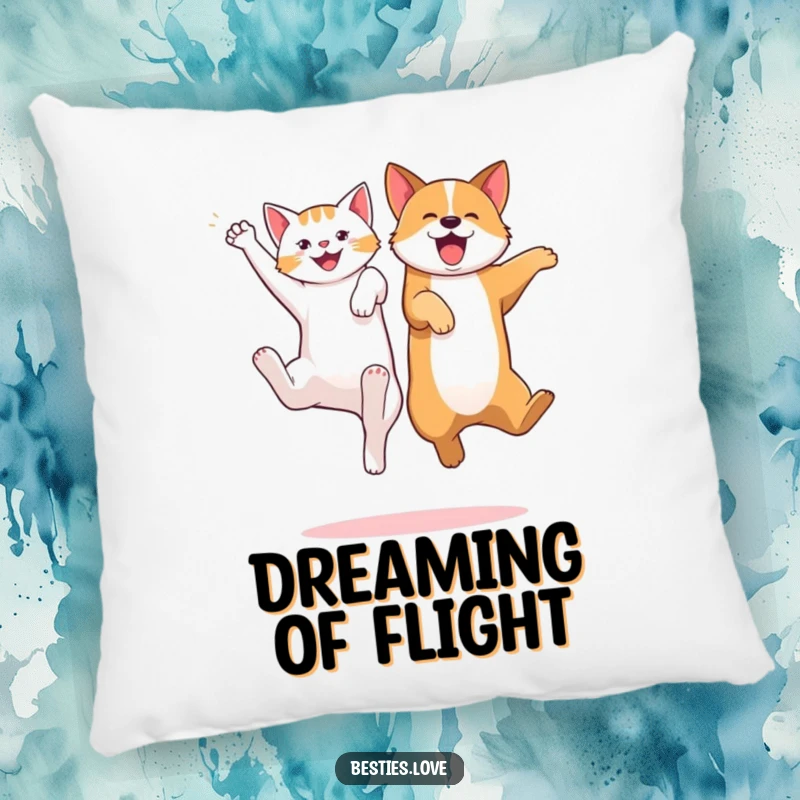 Funny pillow depicting a cat and dog jumping joyfully, kicking their legs with excitement, adding playful pet charm to any room.