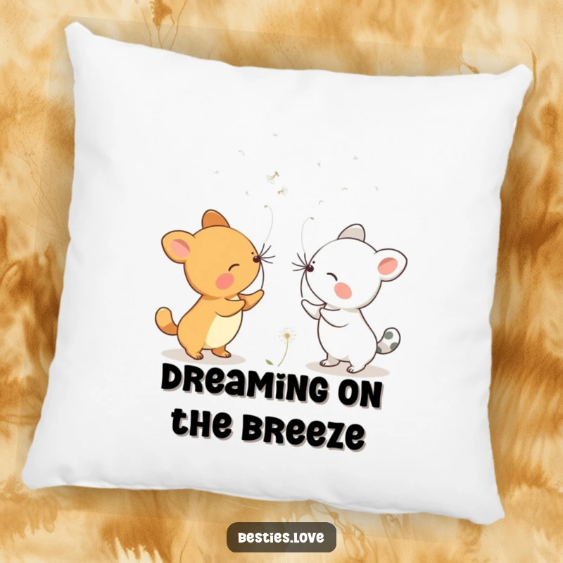 Funny Dandelion Wishes Animals Pillow showing two creatures blowing dandelion seeds, a symbol of hope and shared dreams.