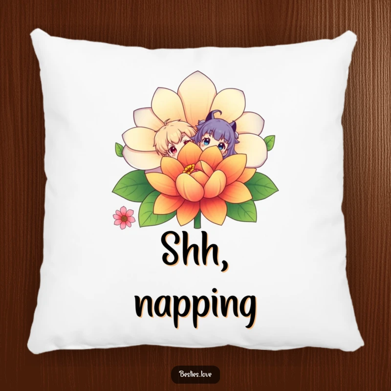 Funny Pillow: Two cute characters are peeking out from behind a large, radiant flower, offering a humorous and cozy decorative touch.