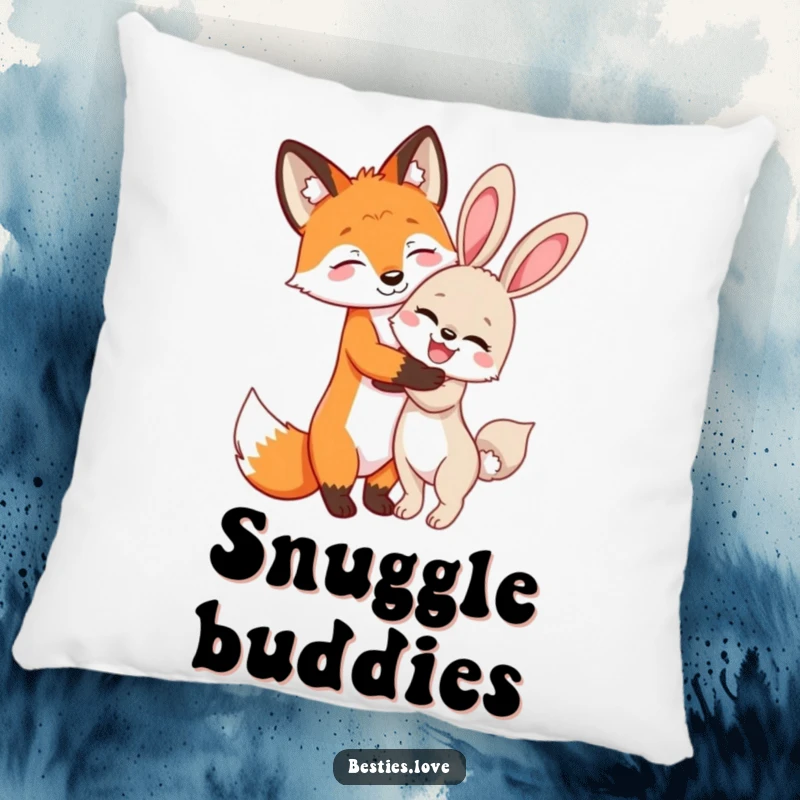 Funny Fox and Bunny Pillow: A soft pillow showing a fox and bunny sharing a secret hug, bringing cozy friendship vibes.
