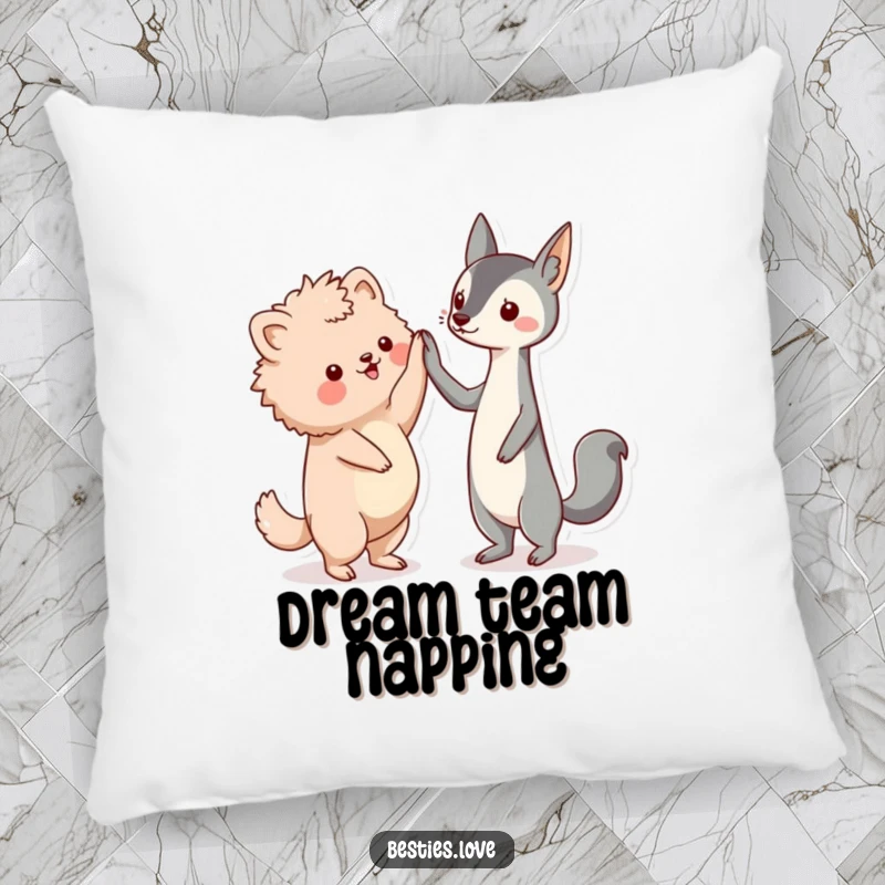 Funny friends pillow, two kawaii animal friends, one fluffy and one sleek, enthusiastically high-fiving, comfort item.