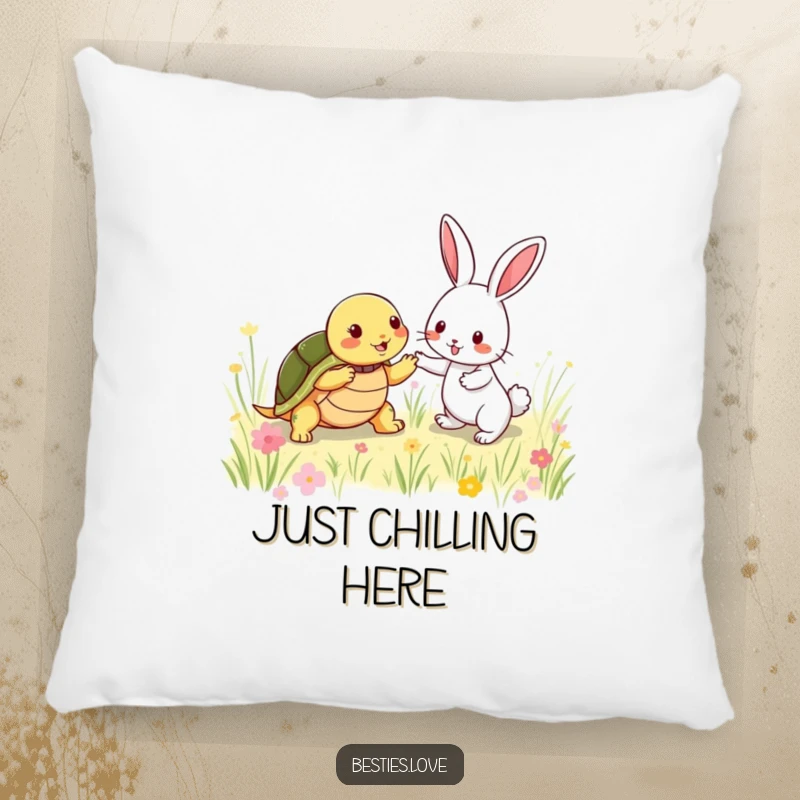 Funny Pillow: A shy turtle and an energetic rabbit playing tag in a meadow, offering comfort and a humorous reminder of friendship.