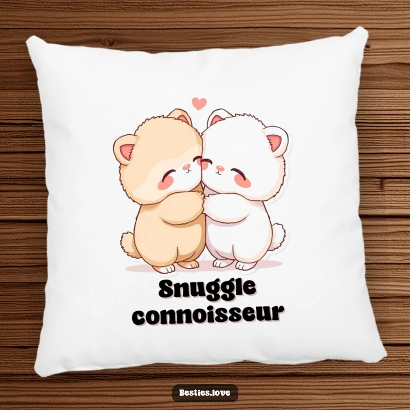 Funny pillow showcasing two fluffy animals in a close, loving hug with eyes shut tight, offering comfort and a humorous touch.