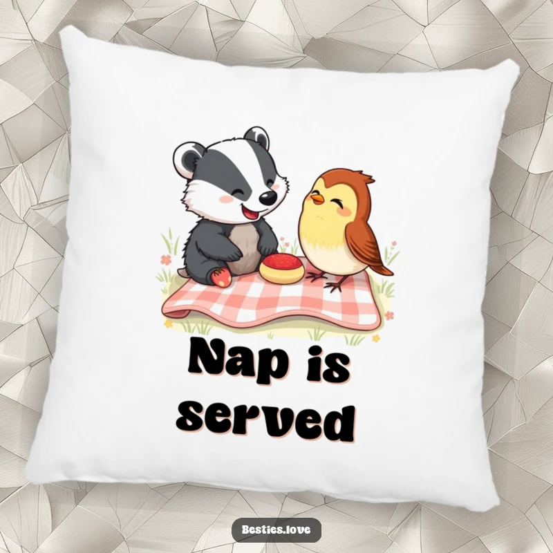 Funny Pillow: A happy badger and a cheerful robin share a picnic blanket, laughing uncontrollably, adding humor and comfort.