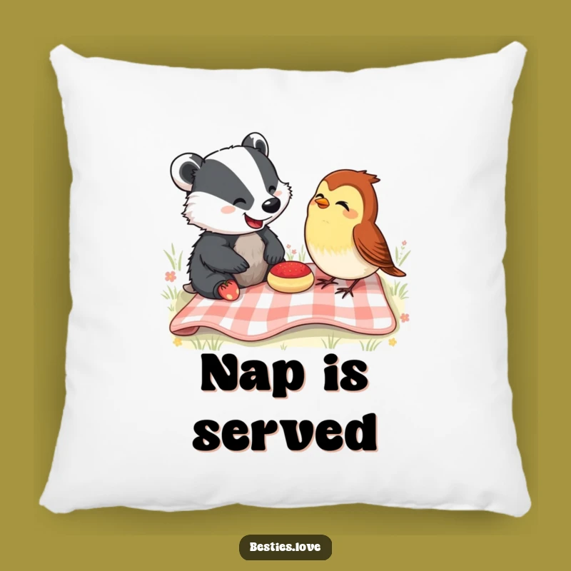 Funny Picnic Pals Pillow: Cozy Badger & Robin Laughing, The Perfect Funny Gift