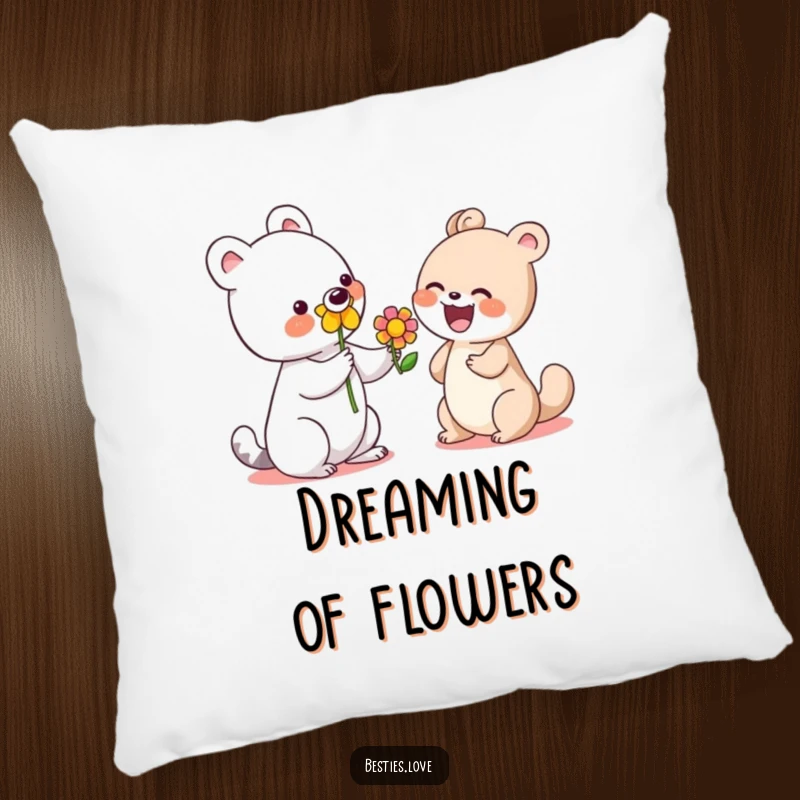 Funny plush pillow with a cute animal offering a colorful flower to a laughing friend, perfect for cozying up.