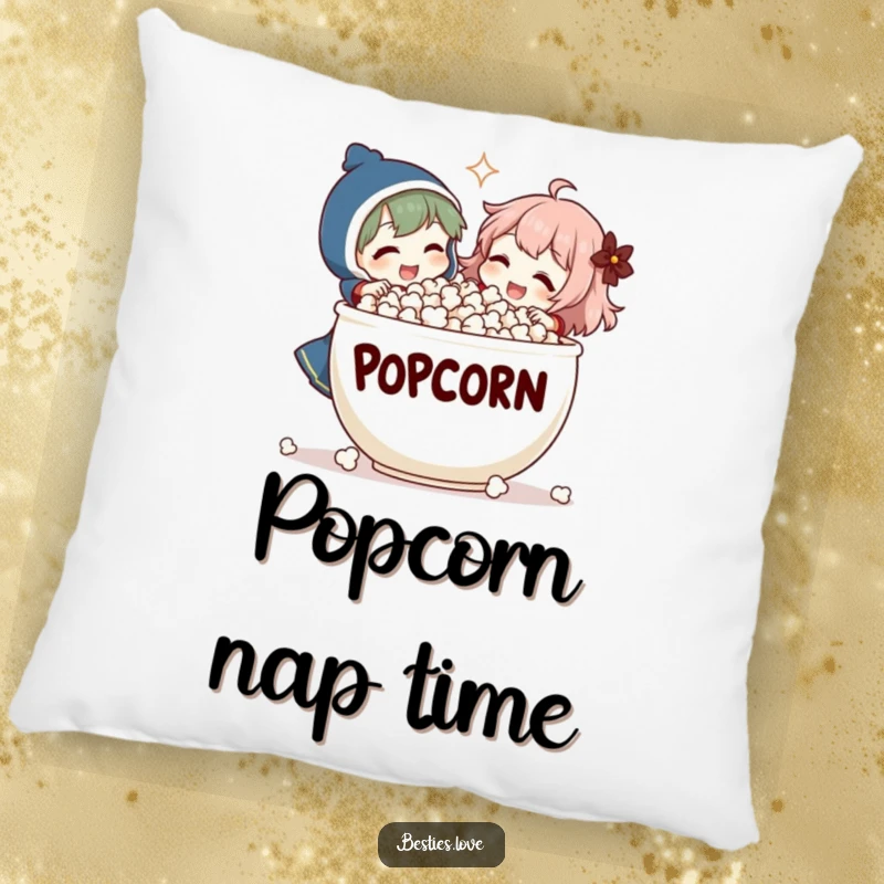 Funny Pillow: Two characters share a massive popcorn bowl, their laughter creating a hilarious and comfy decorative piece.